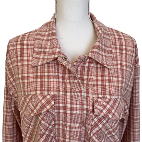 Sadie and Sage Crop Shacket Top Plaid Pockets Buttons Womens Medium M Pink Rose - Picture 2 of 9